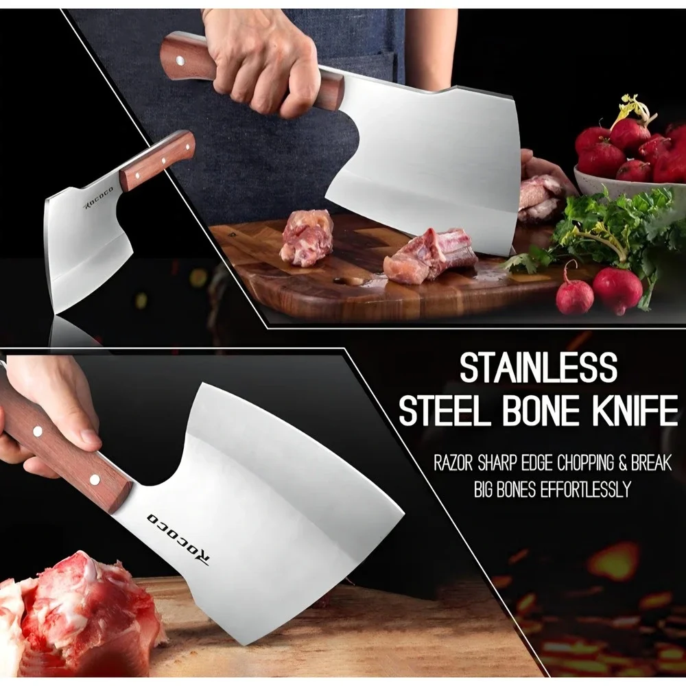 Rococo Stainless Steel Bone Cleaver Heavy Duty Meat Chopper Wood Handle Knife